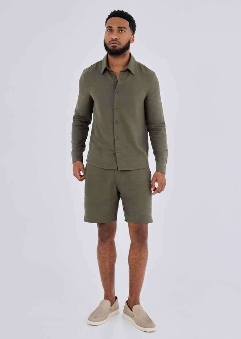 Men Linen Short Khaki Green
