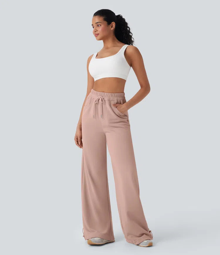 High Waisted Drawstring Cinchable Hem Wide Leg Casual Trousers with Pockets