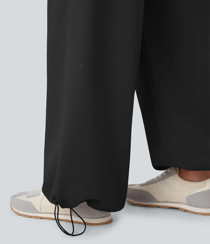 High Waisted Drawstring Cinchable Hem Wide Leg Casual Trousers with Pockets