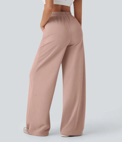 High Waisted Drawstring Cinchable Hem Wide Leg Casual Trousers with Pockets