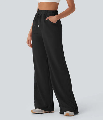 High Waisted Drawstring Cinchable Hem Wide Leg Casual Trousers with Pockets