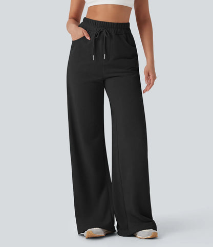 High Waisted Drawstring Cinchable Hem Wide Leg Casual Trousers with Pockets