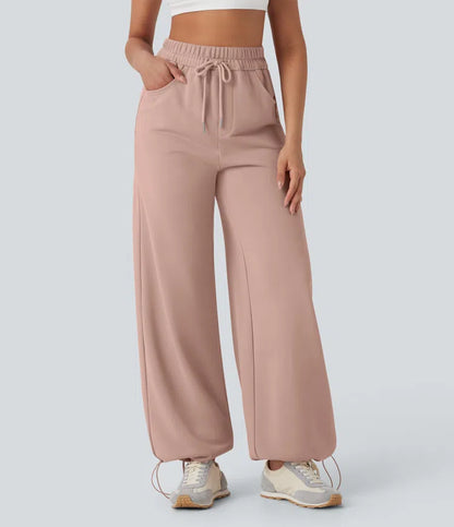 High Waisted Drawstring Cinchable Hem Wide Leg Casual Trousers with Pockets