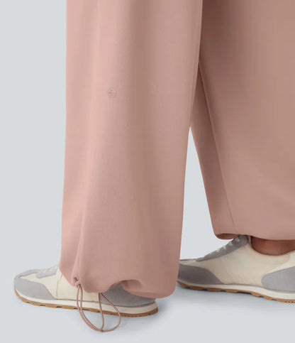 High Waisted Drawstring Cinchable Hem Wide Leg Casual Trousers with Pockets