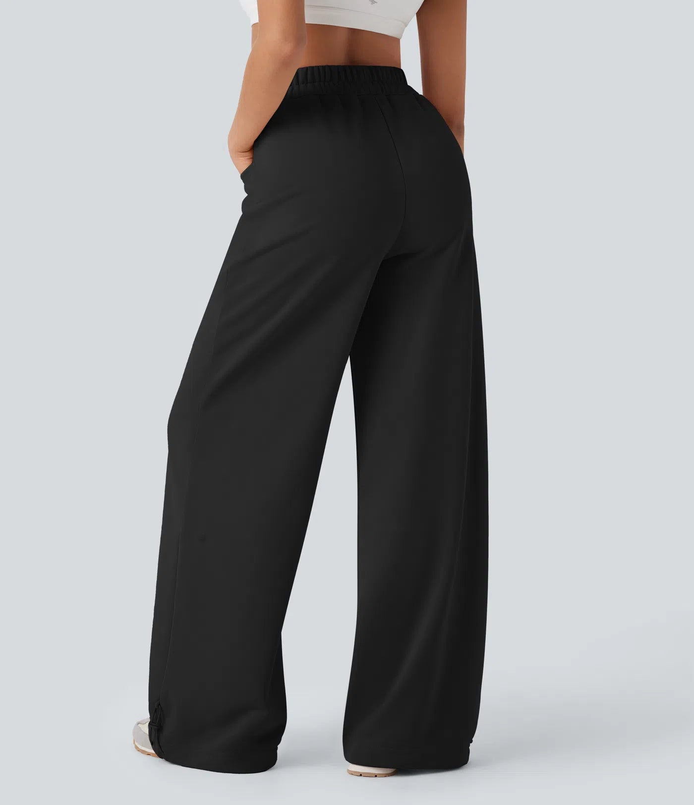 High Waisted Drawstring Cinchable Hem Wide Leg Casual Trousers with Pockets