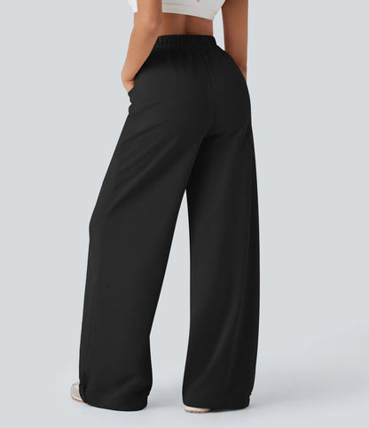 High Waisted Drawstring Cinchable Hem Wide Leg Casual Trousers with Pockets