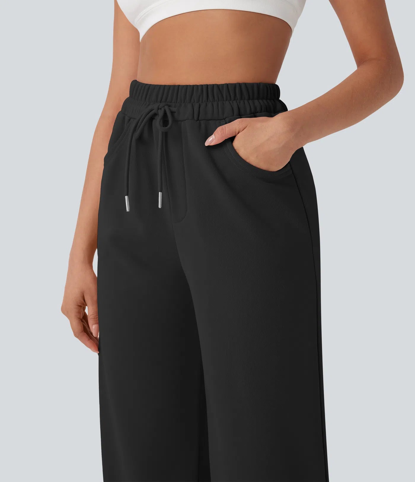 High Waisted Drawstring Cinchable Hem Wide Leg Casual Trousers with Pockets