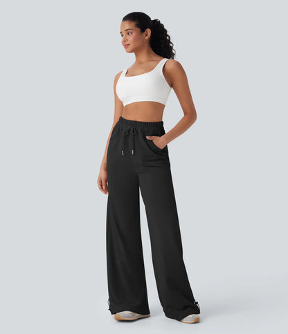 High Waisted Drawstring Cinchable Hem Wide Leg Casual Trousers with Pockets
