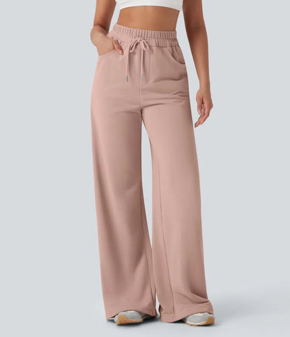 High Waisted Drawstring Cinchable Hem Wide Leg Casual Trousers with Pockets