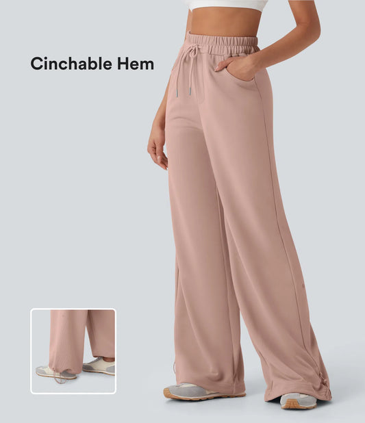 High Waisted Drawstring Cinchable Hem Wide Leg Casual Trousers with Pockets