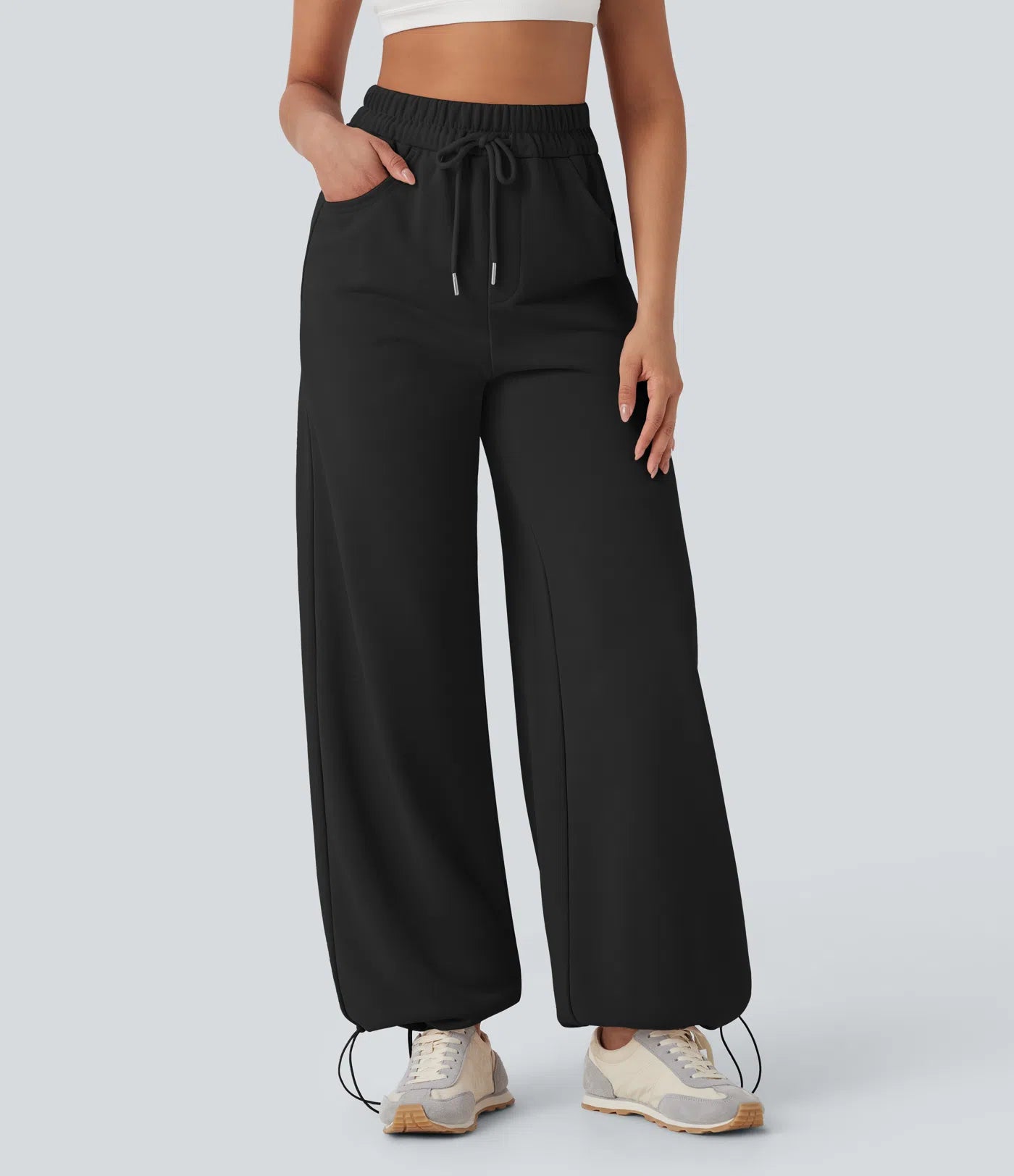 High Waisted Drawstring Cinchable Hem Wide Leg Casual Trousers with Pockets
