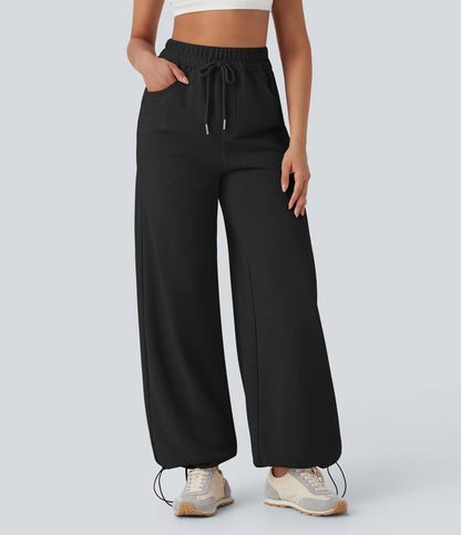 High Waisted Drawstring Cinchable Hem Wide Leg Casual Trousers with Pockets