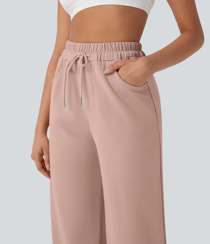High Waisted Drawstring Cinchable Hem Wide Leg Casual Trousers with Pockets