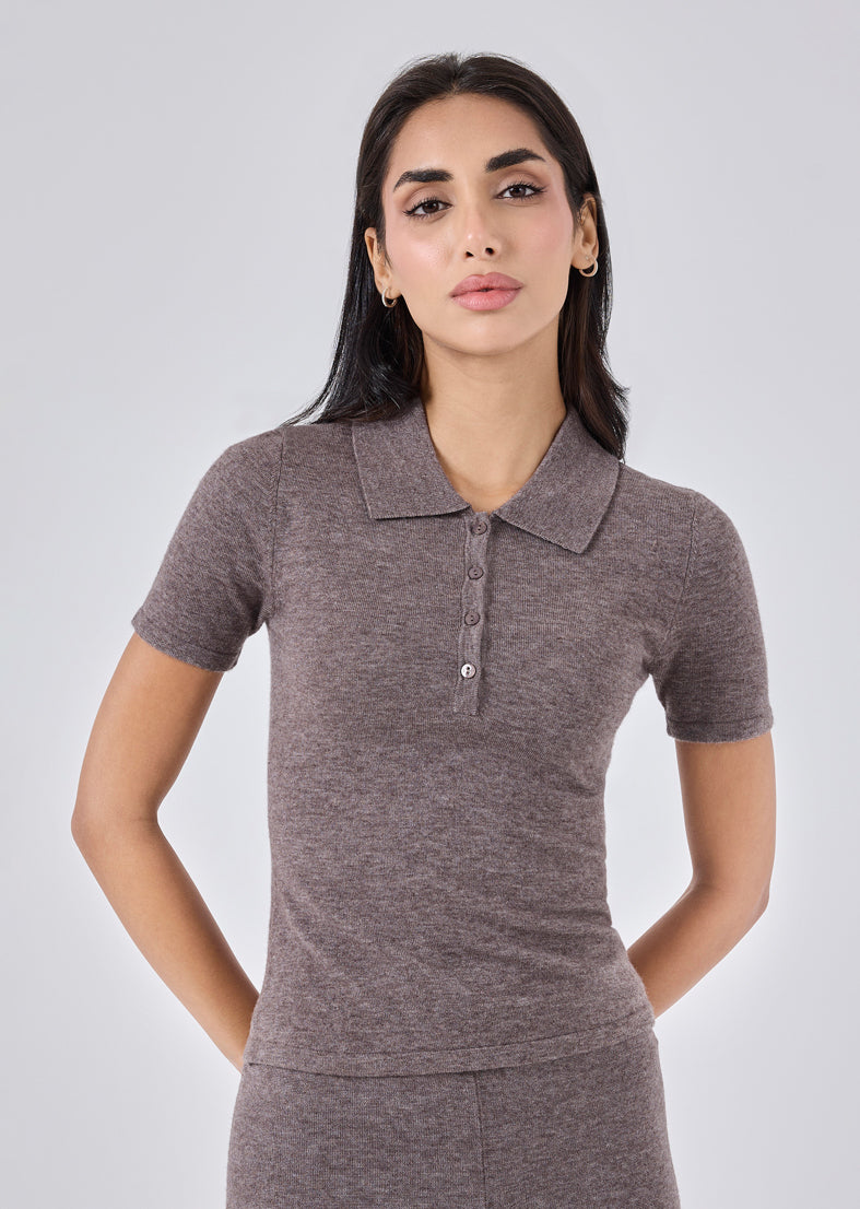 Women's Polo Top Taupe Marl