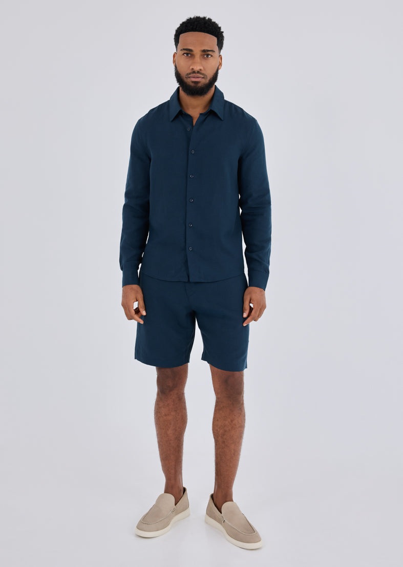 Men Linen Shirt Long Sleeve Dark Navy
