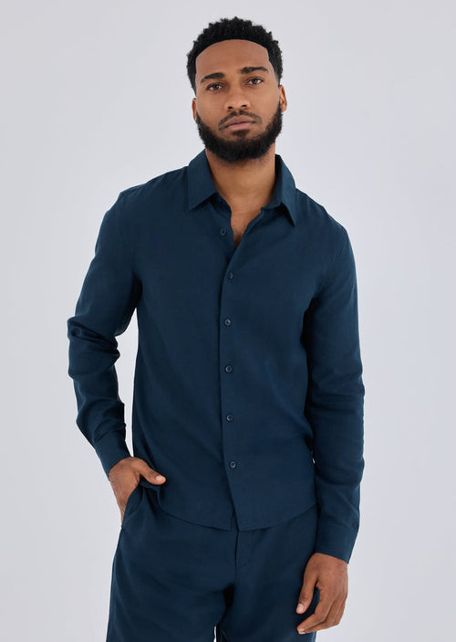 Men Linen Shirt Long Sleeve Dark Navy