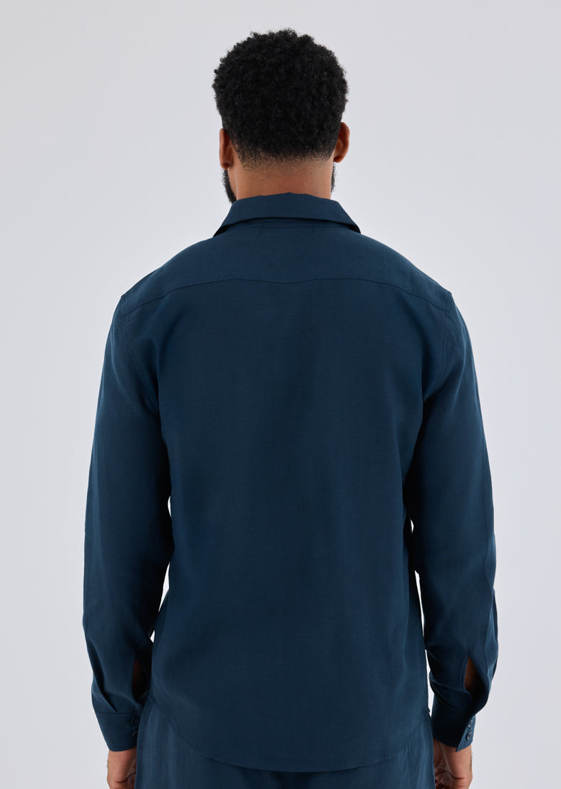 Men Linen Shirt Long Sleeve Dark Navy