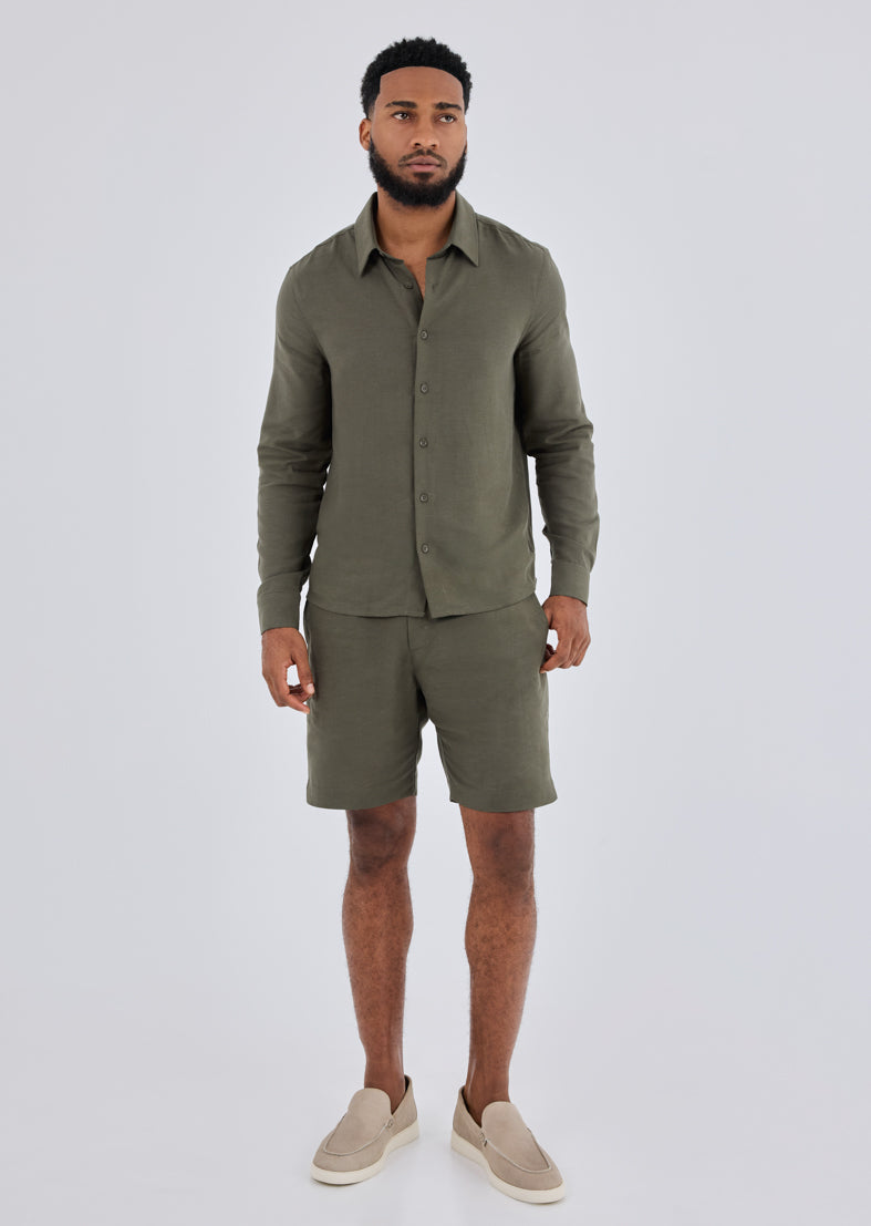 Men Linen Shirt Long Sleeve Khaki Green