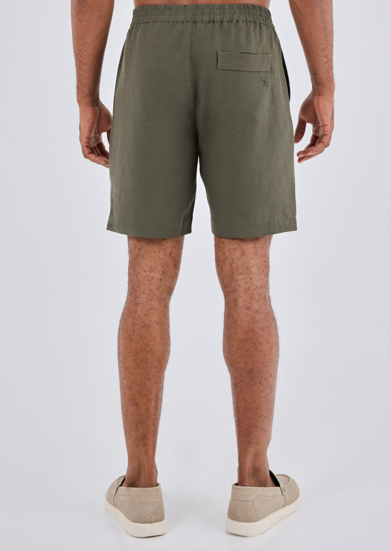 Men Linen Short Khaki Green
