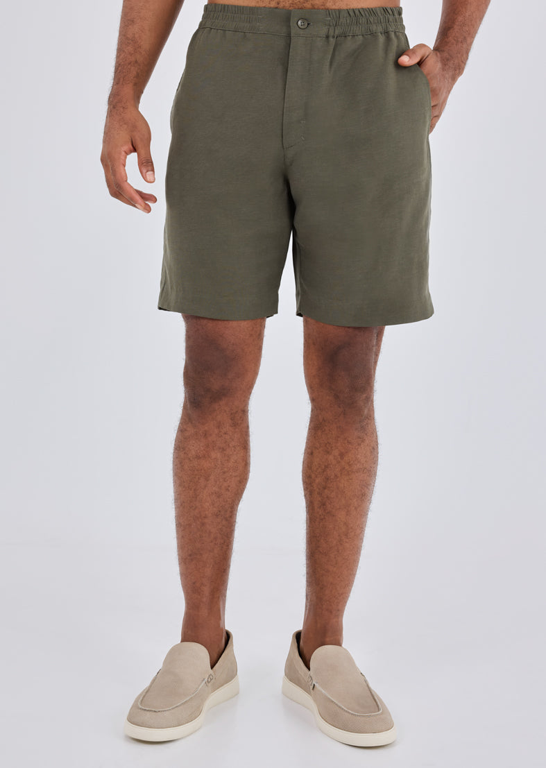 Men Linen Short Khaki Green