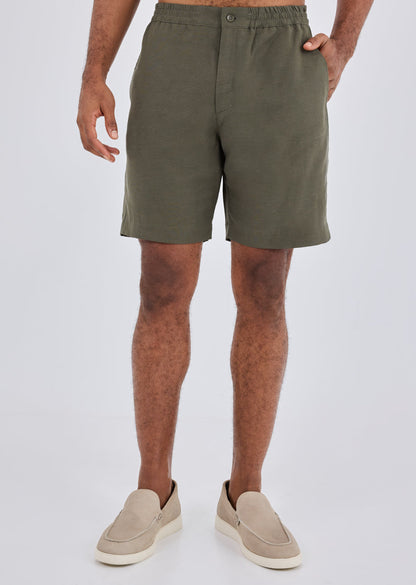 Men Linen Short Khaki Green