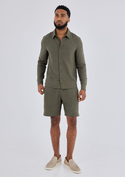 Men Linen Short Khaki Green